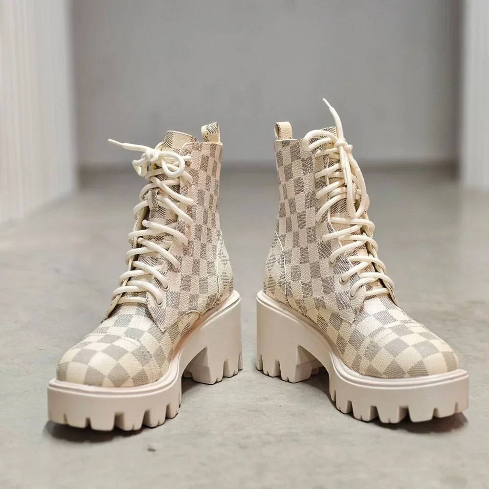 Checkered Platform Lace-Up Ankle Boots With Chunky Lug Soles - Beige & Cream - W - Picture 4 of 7